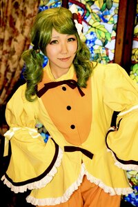 Rating: Safe Score: 0 Tags: 1girl blurry depth_of_field dress drill_hair flower frills green_eyes green_hair kanaria lips smile solo yellow_dress User: admin