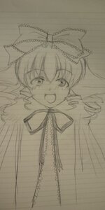 Rating: Safe Score: 0 Tags: 1girl :d auto_tagged bow dress hair_bow hinaichigo image long_hair looking_at_viewer monochrome open_mouth photo ribbon simple_background sketch smile solo traditional_media User: admin