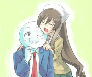 Rating: Safe Score: 0 Tags: 1boy 1girl blush_stickers brown_hair closed_eyes glasses hat image long_hair long_sleeves necktie nurse_cap open_mouth red_neckwear school_uniform smile solo suiseiseki very_long_hair User: admin