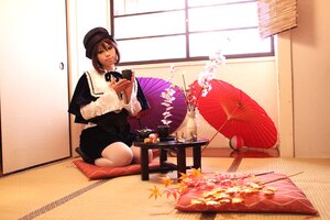 Rating: Safe Score: 0 Tags: 1girl autumn_leaves brown_hair hat japanese_clothes short_hair sitting solo souseiseki table umbrella User: admin