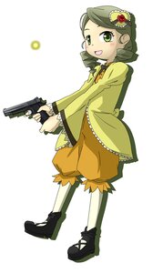 Rating: Safe Score: 0 Tags: 1girl full_body green_eyes green_hair gun hair_ornament handgun holding holding_gun holding_weapon image kanaria long_sleeves open_mouth smile solo weapon white_background User: admin