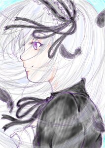 Rating: Safe Score: 0 Tags: 1girl close-up eyelashes image long_hair profile purple_eyes ribbon solo suigintou traditional_media User: admin