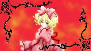 Rating: Safe Score: 0 Tags: 1girl blonde_hair bow dress frills green_eyes hair_bow hina_ichigo hinaichigo image long_sleeves looking_at_viewer pink_bow pink_dress red_background red_theme rose short_hair solo thorns vines wings User: admin
