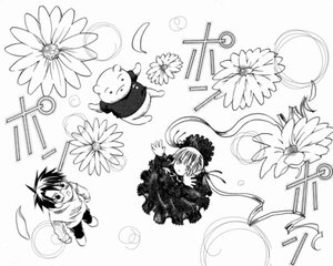 Rating: Safe Score: 0 Tags: 1boy 1girl bonnet crossover dress flower glasses greyscale hairband image long_sleeves monochrome shinku smile solo striped suigintou sunflower very_long_hair User: admin