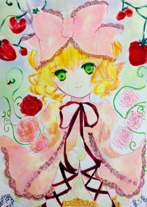 Rating: Safe Score: 0 Tags: 1girl apple artist_name blonde_hair flower food fruit green_eyes hat hina_ichigo hinaichigo image looking_at_viewer red_flower red_rose ribbon rose short_hair smile solo strawberry traditional_media watercolor_(medium) User: admin