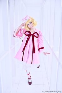 Rating: Safe Score: 0 Tags: 1girl blonde_hair blue_eyes dress flower full_body hinaichigo long_sleeves looking_at_viewer pink_dress ribbon shoes short_hair smile solo standing User: admin