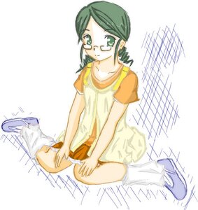 Rating: Safe Score: 0 Tags: 1girl full_body glasses green_eyes green_hair image kanaria looking_at_viewer shirt shoes sitting skirt smile socks solo underwear wariza white_background white_legwear white_panties User: admin