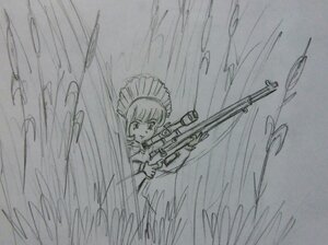 Rating: Safe Score: 0 Tags: 1girl gun holding image long_sleeves monochrome rifle shinku solo traditional_media weapon User: admin