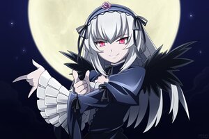 Rating: Safe Score: 3 Tags: 1girl bishoujo_senshi_sailor_moon commentary_request dress flower frills full_moon gothic_lolita hairband image index_finger_raised lolita_fashion long_hair long_sleeves looking_at_viewer moon mtyy night night_sky parody photoshop_(medium) pink_eyes pointing red_eyes rose rozen_maiden silver_hair sky smile solo star_(sky) suigintou tsuki_ni_kawatte_oshioki_yo wings User: admin