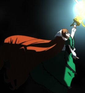 Rating: Safe Score: 0 Tags: 1girl brown_hair cape dress green_dress holding_weapon image long_sleeves profile solo suiseiseki weapon wings User: admin