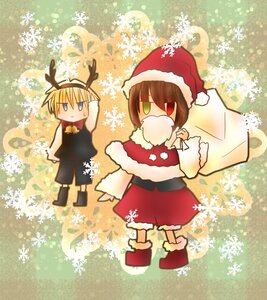 Rating: Safe Score: 0 Tags: 1boy animal_costume antlers bell blonde_hair blue_eyes brown_hair christmas green_eyes hat image multiple_girls santa_costume santa_hat short_hair snowflakes solo souseiseki User: admin
