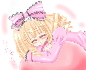 Rating: Safe Score: 0 Tags: 1girl ^_^ blonde_hair blush bow closed_eyes dress drill_hair frills hair_bow hina_ichigo hinaichigo image long_sleeves lying on_stomach pink_bow smile solo twin_drills User: admin