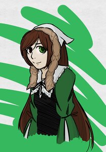 Rating: Safe Score: 0 Tags: 1girl braid brown_hair dress green_background green_dress green_eyes heterochromia image long_hair long_sleeves looking_at_viewer red_eyes ribbon smile solo suiseiseki upper_body very_long_hair User: admin