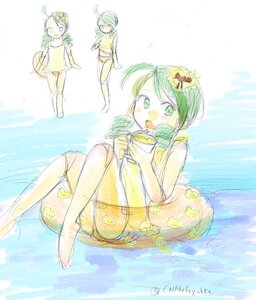 Rating: Safe Score: 0 Tags: 1girl afloat ahoge barefoot bikini food hair_ornament image innertube kanaria partially_submerged sitting solo swimsuit water User: admin