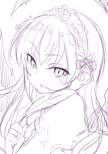 Rating: Safe Score: 0 Tags: 1girl bangs blush closed_mouth eyebrows_visible_through_hair hair_ornament hairband image long_hair looking_at_viewer monochrome puffy_short_sleeves puffy_sleeves smile solo suigintou twitter_username User: admin