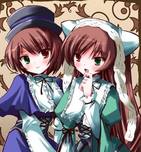 Rating: Safe Score: 0 Tags: 2girls blue_dress blush brown_hair dress frills green_dress green_eyes hat head_scarf heterochromia image long_hair long_sleeves multiple_girls open_mouth pair red_eyes short_hair siblings sisters smile souseiseki suiseiseki twins User: admin