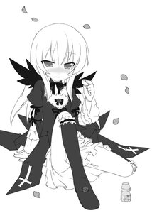 Rating: Safe Score: 0 Tags: 1girl blush confetti dress greyscale image long_hair long_sleeves looking_at_viewer monochrome petals sitting smile solo striped striped_background suigintou underwear vertical-striped_dress vertical_stripes wings User: admin
