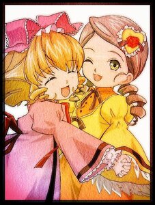 Rating: Safe Score: 0 Tags: 2girls black_border blonde_hair border bow brown_hair closed_eyes colored_pencil_(medium) dress drill_hair hat hina_ichigo hinaichigo holding_hands image kanaria letterboxed long_hair long_sleeves multiple_girls one_eye_closed open_mouth pair shikishi smile traditional_media twin_drills yellow_eyes User: admin