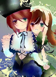 Rating: Safe Score: 0 Tags: 2girls brown_hair dress frills green_dress green_eyes hat heterochromia holding_hands image long_hair long_sleeves looking_at_viewer multiple_girls pair ribbon short_hair siblings sisters smile souseiseki suiseiseki twins User: admin