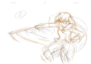 Rating: Safe Score: 0 Tags: 1girl barasuishou dress hand_on_hip holding holding_weapon image long_hair long_sleeves monochrome outstretched_arm sketch solo striped twintails vertical_stripes weapon white_background User: admin