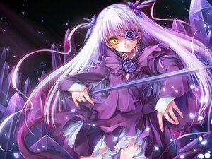 Rating: Safe Score: 0 Tags: 1girl auto_tagged barasuishou blush commentary_request dress eyepatch flower frills hair_ornament holding image light_particles long_hair long_sleeves looking_at_viewer misaki_(kyal_001) parted_lips photoshop_(medium) purple_dress purple_flower purple_rose rose rozen_maiden silver_hair solo sword two_side_up very_long_hair weapon yellow_eyes User: admin