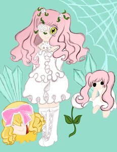 Rating: Safe Score: 0 Tags: 3girls aqua_background blonde_hair boots bow dress fairy_wings flower image kirakishou long_hair multiple_girls pink_bow pink_hair plant smile solo standing thighhighs vines white_footwear wings User: admin