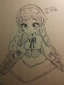 Rating: Safe Score: 0 Tags: 1girl braid capelet dress eyebrows_visible_through_hair image long_hair long_sleeves looking_at_viewer monochrome photo solo suiseiseki traditional_media twin_braids User: admin