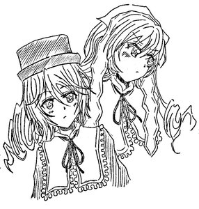 Rating: Safe Score: 0 Tags: 2girls blush capelet eyebrows_visible_through_hair greyscale hair_between_eyes hat image long_hair monochrome multiple_girls neck_ribbon pair ribbon souseiseki suiseiseki white_background User: admin