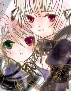 Rating: Safe Score: 0 Tags: 2girls black_ribbon blonde_hair blush eyebrows_visible_through_hair green_eyes hair_ribbon hariruri image long_hair looking_at_viewer multiple_girls neck_ribbon pair parted_lips red_eyes ribbon siblings sisters smile souseiseki suigintou twins User: admin