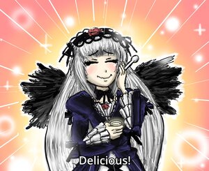 Rating: Safe Score: 0 Tags: 1girl black_wings blush closed_eyes dress eating emphasis_lines feathered_wings feathers flower food hairband image long_hair long_sleeves rose silver_hair smile solo sparkle suigintou upper_body wings User: admin