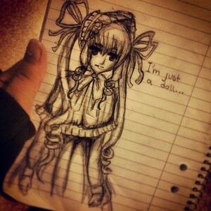 Rating: Safe Score: 0 Tags: 1girl brown_theme dress hair_ribbon image long_sleeves looking_at_viewer monochrome photo ribbon shinku solo standing User: admin