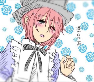 Rating: Safe Score: 0 Tags: 1girl blue_flower blue_rose blush floral_background flower hat image open_mouth pink_hair rose short_hair solo souseiseki upper_body white_rose User: admin