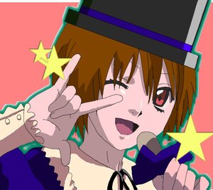 Rating: Safe Score: 0 Tags: 1girl \m/ blush brown_hair hagiwara_yukiho hat image microphone oekaki one_eye_closed open_mouth ribbon seikan_hikou short_hair smile solo souseiseki star_(symbol) starry_background User: admin