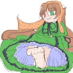 Rating: Safe Score: 0 Tags: 1girl barefoot blush brown_hair dress feet frills green_dress green_eyes heterochromia image long_hair long_sleeves red_eyes smile solo suiseiseki toes very_long_hair User: admin