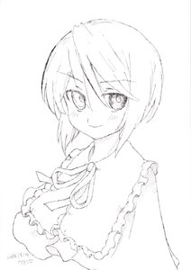 Rating: Safe Score: 0 Tags: 1girl blush breasts dated eyebrows_visible_through_hair frills greyscale image large_breasts looking_at_viewer monochrome neck_ribbon ribbon short_hair smile solo souseiseki striped striped_background upper_body vertical_stripes User: admin