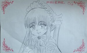 Rating: Safe Score: 0 Tags: 1girl bow bowtie image looking_at_viewer maid_headdress monochrome shinku smile solo traditional_media upper_body User: admin
