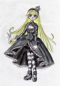 Rating: Safe Score: 0 Tags: 1girl blonde_hair blue_eyes crown dress frills gothic gothic_lolita hairband image lolita_fashion long_hair long_sleeves mini_hat pantyhose shinku sitting solo striped striped_legwear top_hat traditional_media very_long_hair User: admin
