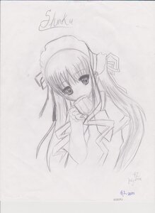Rating: Safe Score: 0 Tags: 1girl image long_hair looking_at_viewer maid_headdress monochrome puffy_short_sleeves puffy_sleeves ribbon shinku short_sleeves simple_background solo upper_body User: admin