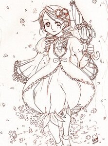 Rating: Safe Score: 0 Tags: 1girl blush dated dress drill_hair flower hair_ornament holding_umbrella image kanaria long_hair long_sleeves monochrome parasol smile solo umbrella User: admin