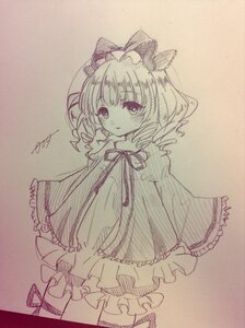 Rating: Safe Score: 0 Tags: 1girl artist_name auto_tagged blush bow cowboy_shot dress drill_hair eyebrows_visible_through_hair frills graphite_(medium) hair_bow hinaichigo image long_sleeves looking_at_viewer monochrome ribbon short_hair signature smile solo traditional_media User: admin