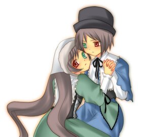 Rating: Safe Score: 0 Tags: 2girls blue_dress blush brown_hair dress green_dress green_eyes hat head_scarf heterochromia holding_hands image interlocked_fingers long_sleeves looking_at_viewer multiple_girls pair red_eyes siblings simple_background sisters souseiseki suiseiseki top_hat twins white_background User: admin