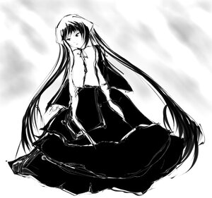 Rating: Safe Score: 0 Tags: 1girl bangs black_hair fujiwara_no_mokou full_body greyscale hime_cut houraisan_kaguya image long_hair long_sleeves looking_at_viewer monochrome shirt sitting sketch solo suiseiseki suspenders very_long_hair User: admin