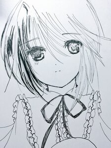 Rating: Safe Score: 0 Tags: 1girl blue_theme blush breasts cleavage closed_mouth eyebrows_visible_through_hair frills greyscale hariruri image looking_at_viewer monochrome no_headwear short_hair solo souseiseki traditional_media upper_body User: admin