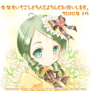 Rating: Safe Score: 0 Tags: 1girl ahoge bow drill_hair flower green_eyes green_hair hat image kanaria looking_at_viewer solo User: admin