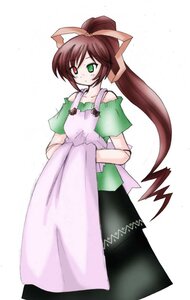 Rating: Safe Score: 0 Tags: 1girl brown_hair dress green_eyes hair_ribbon heterochromia image long_hair looking_at_viewer ponytail red_eyes ribbon solo standing suiseiseki very_long_hair white_background User: admin
