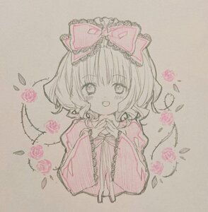 Rating: Safe Score: 0 Tags: 1girl blush bow eyebrows_visible_through_hair flower hair_bow hinaichigo image looking_at_viewer open_mouth own_hands_together pink_rose puffy_sleeves rose short_hair smile solo traditional_media upper_body User: admin