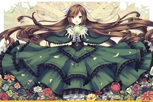 Rating: Safe Score: 0 Tags: 1girl brown_hair dress flower frills green_dress green_eyes heterochromia image long_hair long_sleeves petals rose solo suiseiseki very_long_hair yellow_flower User: admin