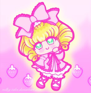 Rating: Safe Score: 0 Tags: 1girl artist_name blonde_hair bloomers bow dress drill_hair frills full_body hair_bow heart hina_ichigo hinaichigo image pink_background pink_bow pink_dress pink_footwear short_hair smile solo standing striped User: admin