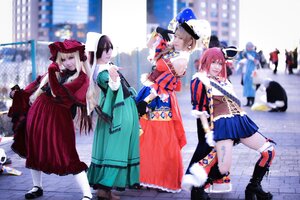 Rating: Safe Score: 0 Tags: 5girls 6+girls black_hair blonde_hair blue_eyes blurry blurry_background blurry_foreground boots depth_of_field dress fur_trim gloves hat japanese_clothes kimono long_hair long_sleeves looking_at_viewer multiple_cosplay multiple_girls pantyhose pink_hair short_hair skirt tagme white_legwear User: admin