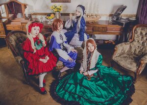 Rating: Safe Score: 0 Tags: 4girls blonde_hair blue_dress bow brown_hair closed_eyes dress flower hat indoors long_hair long_sleeves multiple_cosplay multiple_girls painting_(object) shoes short_hair sitting smile tagme white_legwear User: admin